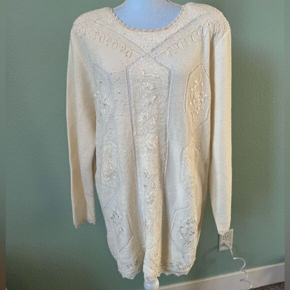 Vintage Napa Valley Womens Sweater Large White Beaded Mock Neck Grannycore 80s - Picture 1 of 9